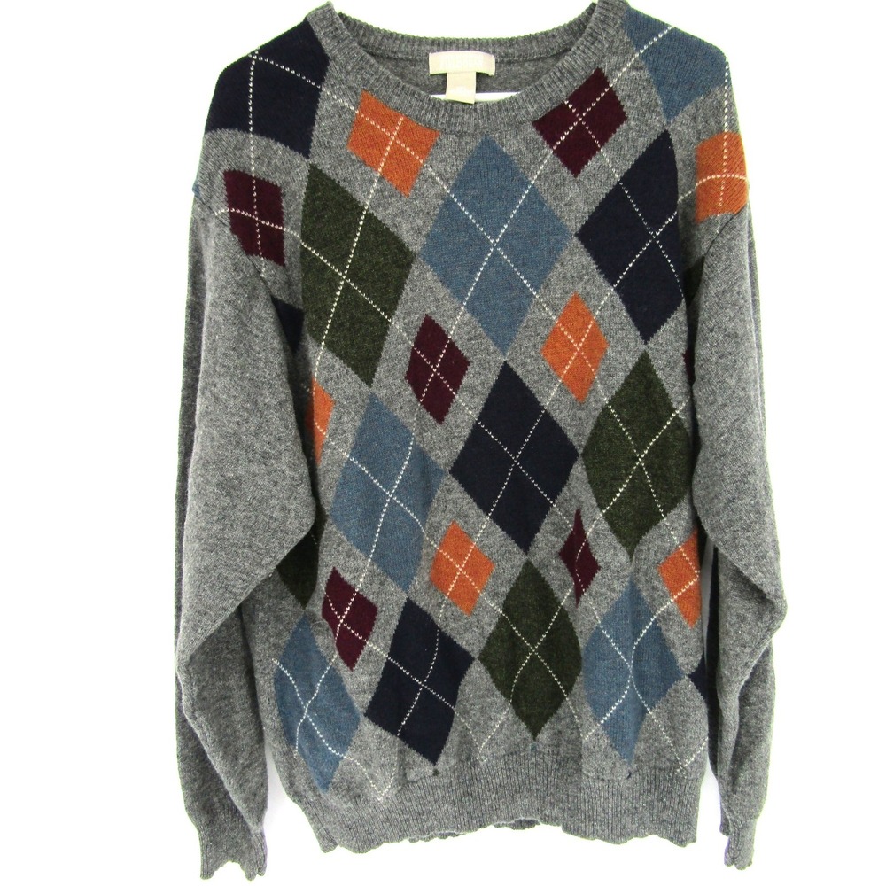 Fieldgear Argyle Sweater Mens XXL Gray Lambswool Crew Neck Pullover